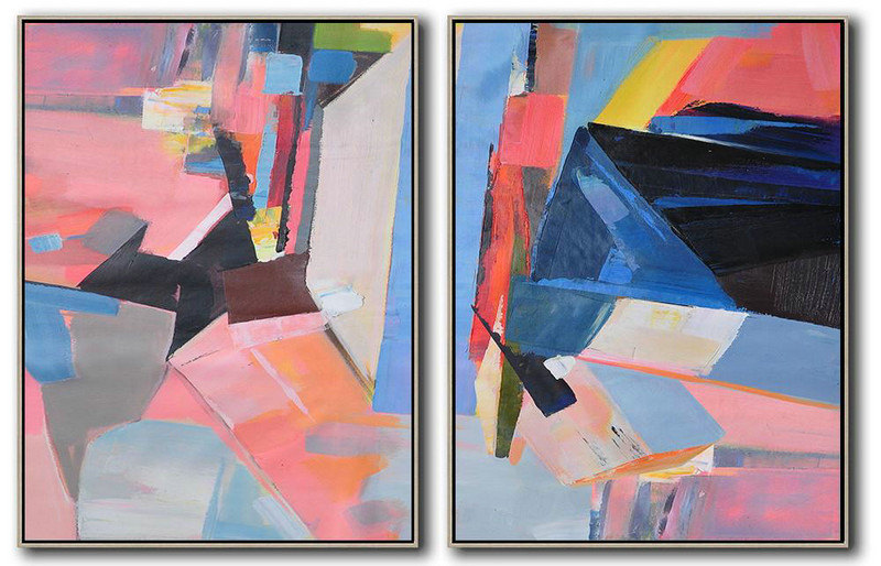 Set Of 2 Contemporary Art On Canvas,Extra Large Paintings,Pink,Grey,Blue,Black